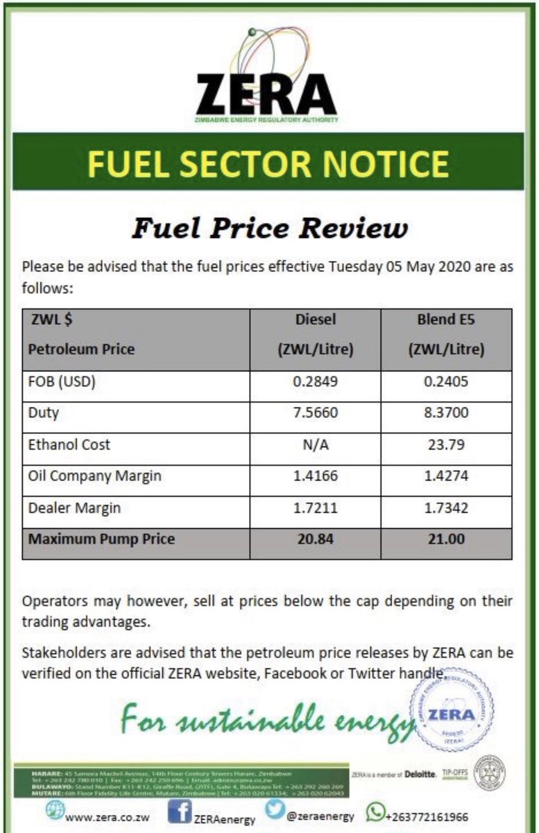 ZimBollar's tweet photo. ZERA reduces fuel prices in line with the observed crude oil prices on the world market. Good move 👏🏽👏🏽👏🏽 https://t.co/XrCNNIu7Td