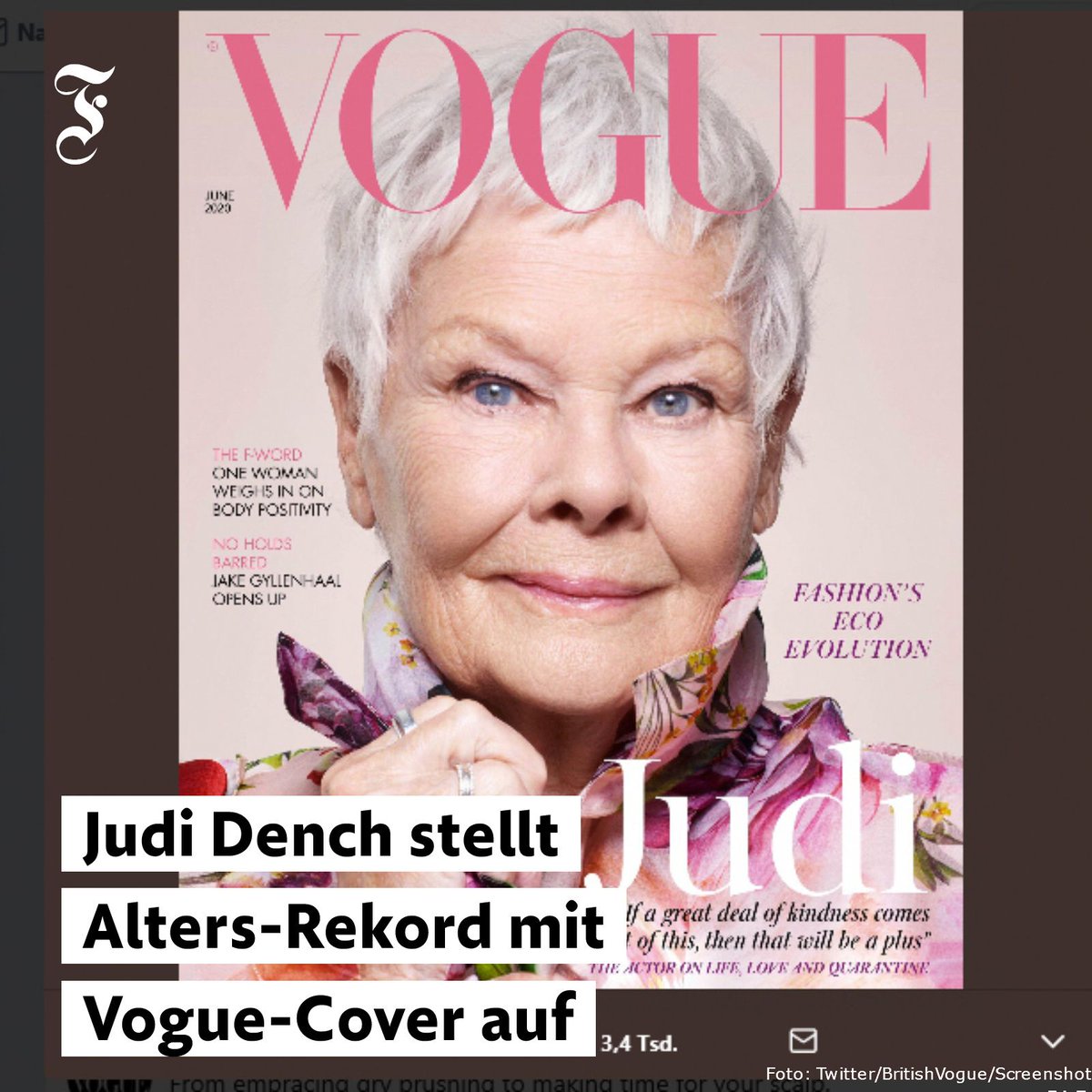 faznet's tweet photo. 🤩 Judi Dench ist mit 85 Jahren die älteste Frau, die jemals das Cover des britischen Modemagazins #Vogue zierte. https://t.co/o1F1HA9YCO https://t.co/IzWM0tKBZz