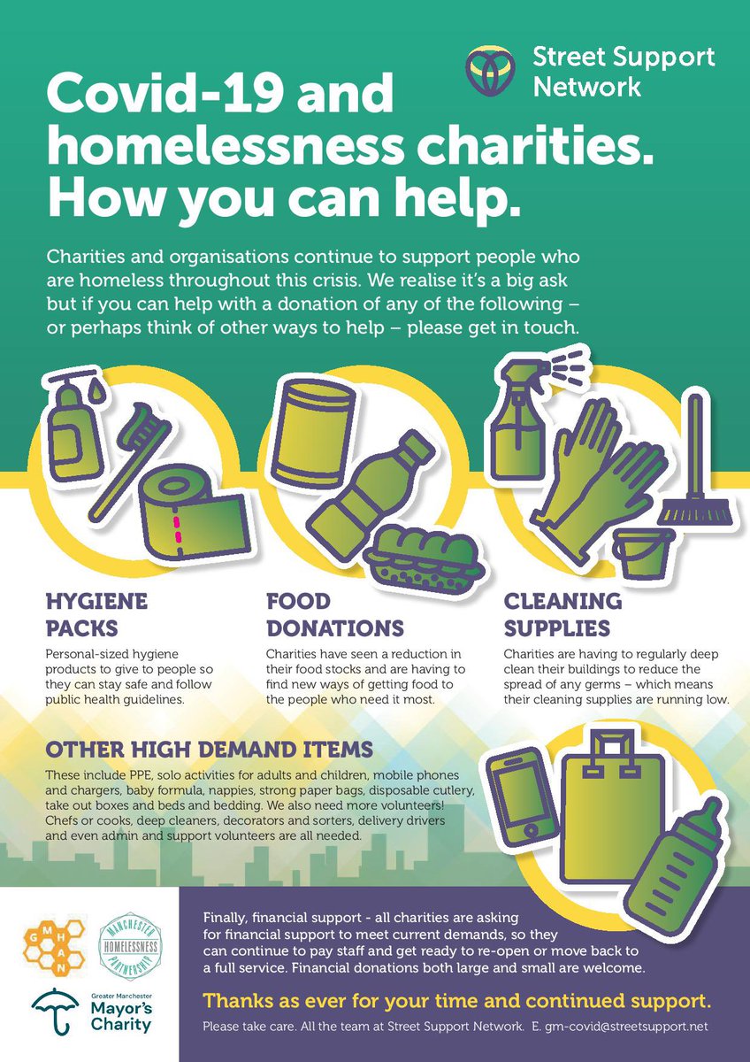 We are proud to support <a href="/streetsupportuk/">Street Support Network</a>, supporting charities helping homelessness during these difficult times. For a full list of items they are desperately in need of, visit: news.streetsupport.net/2020/03/29/hom… @DeeMHP #COVIDー19