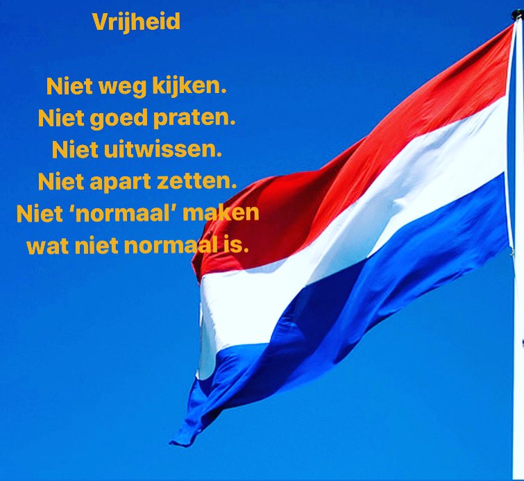 Niet weg kijken.
Niet goed praten.
Niet uitwissen.
Niet apart zetten.
Niet ‘normaal’ maken wat niet normaal is.
#bevrijdingsdag #75jaarvrijheid #toespraak #vrijheid #blijfthuis #covid19Nederland