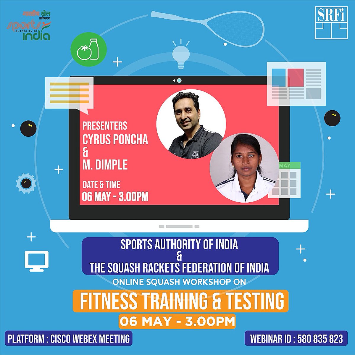 indiasquash's tweet photo. Calling all squash coaches to witness SRFIs online workshops series 6/16. FITNESS TRAINING AND TESTING presented by @coachcyrus & M. Dimple and @Media_SAI
Watch the live session at Cisco WebEx meeting on 5th May 3.00PM.
#LivewithSAI #indiafightscorona #webinar #lockdown https://t.co/eYBQcfJyxr