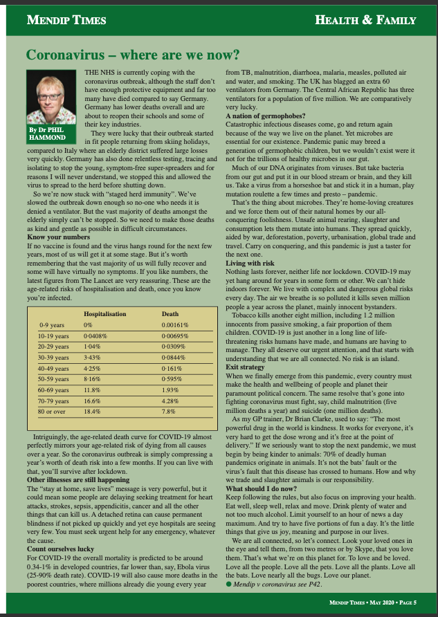 drphilhammond's tweet photo. For those of you who need a sight test, here's my take on coronavirus for the excellent Mendip Times. When you know your numbers, it's a lot less scary... https://t.co/8Rhw1T5uFS