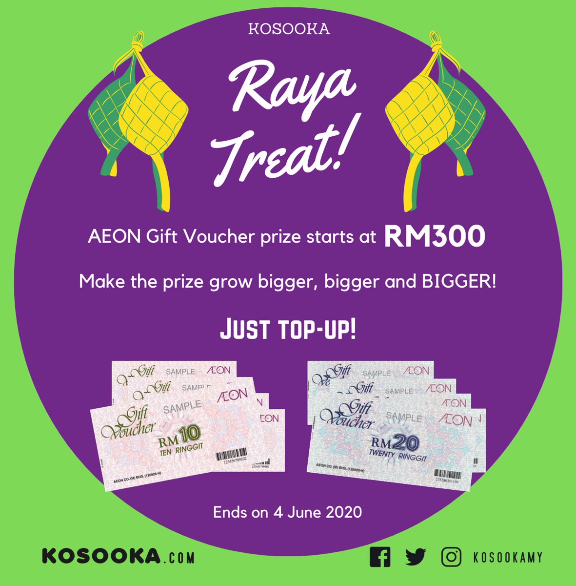 kosookaMY's tweet photo. AEON Gift Vouchers for this RAYA.

Voucher value starts at RM300 🔥
Make the value GROW BIGGER!

All you need is:
✅ JUST TOP-UP (every top-up shall increase your chance to get the voucher) 

 https://t.co/5XS5jtMLSG 

#kosooka #kosookaMY #HariRaya #RayaTreat #Aeon #AeonVoucher https://t.co/Vv8KAKAgfA