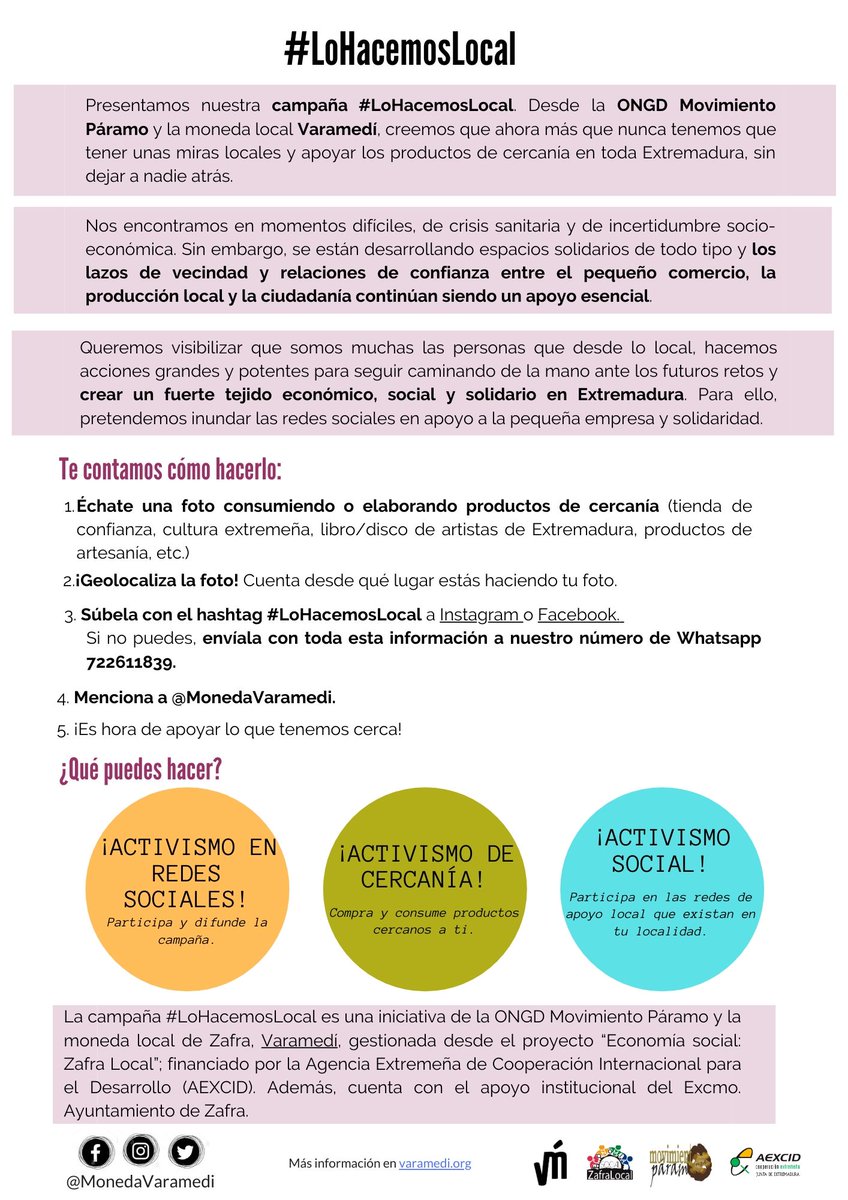 MonedaVaramedi's tweet photo. 👋¡ Movimiento Páramo y la moneda local Varamedí ! Nos gustaría presentarte nuestra Campaña #LoHacemosLocal 📢📢. Creemos que ahora más que nunca tenemos que tener unas miras locales y apoyar los productos de cercanía en toda Extremadura.
@zafra_esocial @movimientoparam @AEXCID_ https://t.co/9MejABiwsG