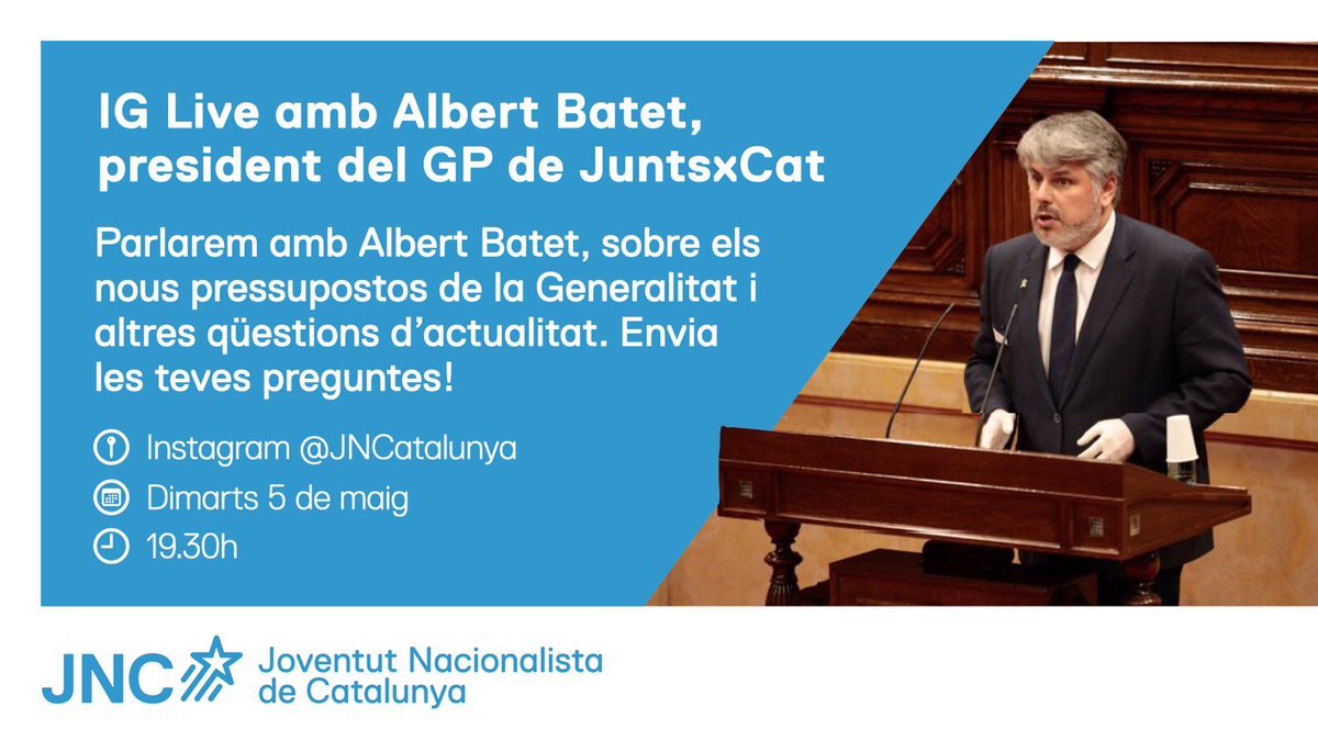 JNCOsona's tweet photo. Avui parlem amb @albertbatet, president del grup parlamentari de @JuntsXCat 

🕰19:30h
📱Instagram @JNCatalunya 

No t’ho perdis! https://t.co/1AMGzhRnK4