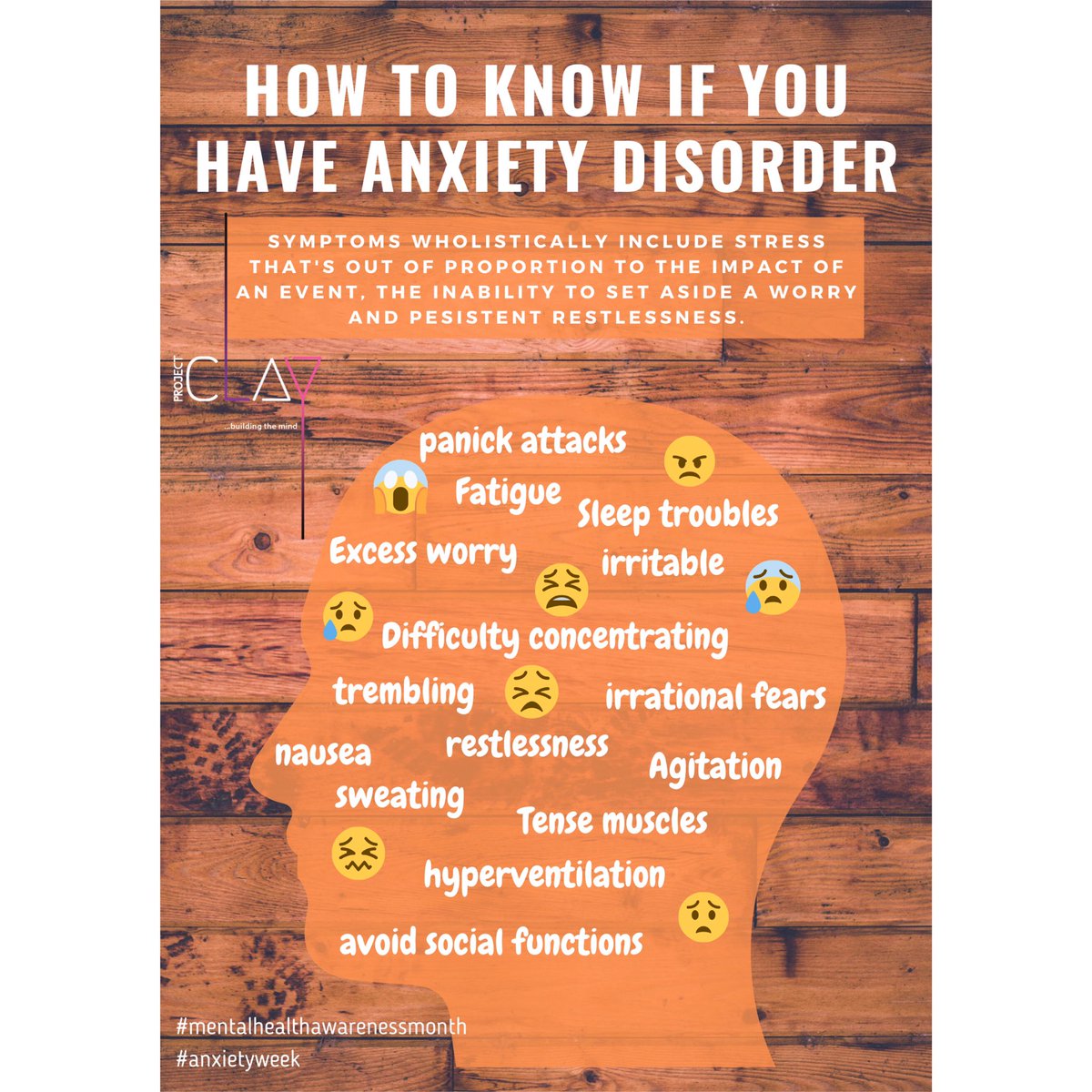_projectClay's tweet photo. Hey! It’s Day 2 of our #anxietyweek and we are telling you about some symptoms that pop up in someone who has an anxiety disorder. #MentalHealth #love #COVIDー19 #awareness #support #WeCare #information #staysafe https://t.co/5SsHPKnxzA