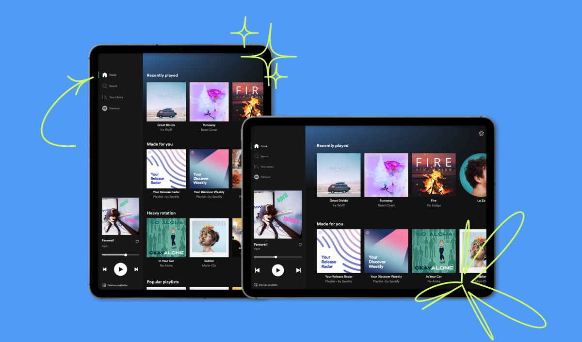 spotifydesign's tweet photo. 🎇New Blog Post

@heikowinter takes us on a gif journey through the history of Spotify on iPad.

 If you're a designer working on products for #iPad, managing cross-functional relationships or designing for scale his insights just might just make your day. https://t.co/bT7Ry8dg0X https://t.co/Kun6tYhQh1