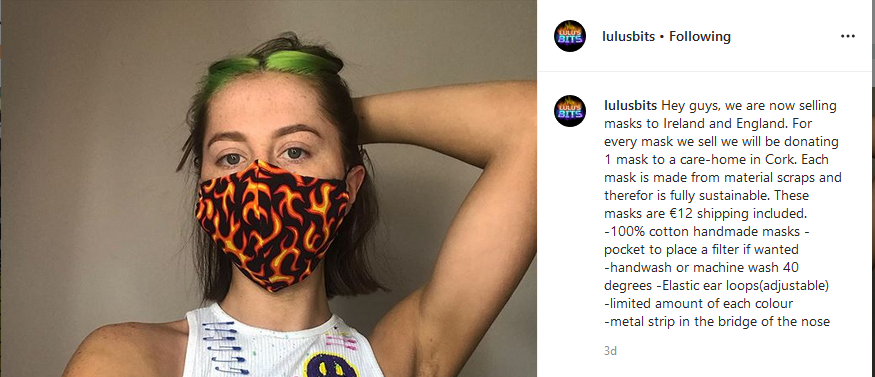 MTUInnovate_'s tweet photo. One of last years @Student_Inc_ie participants, Lulus Bits @lucycummins82  has pivoted their business to make masks 👏👏👏👏 great move to help in the current pandemic #StudentEntrepreneurship #Innovation #Enterprise https://t.co/TSIPH82dXy