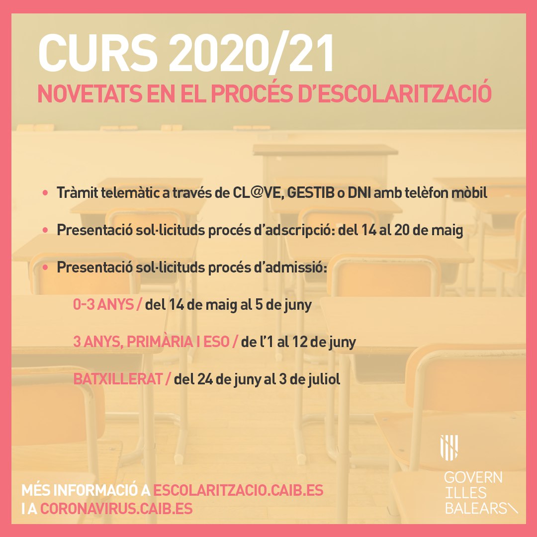 El procés d’escolarització del curs 2020/21 serà telemàtic

📌 14 de maig, centres de 1r cicle d’infantil (0-3 anys)

📌1 de juny,  per a infants de 3 anys, primària i ESO

📌24 de juny per a batxillerat

Més info: bit.ly/2xzIUUs
Escolarització: bit.ly/2HRnDIc