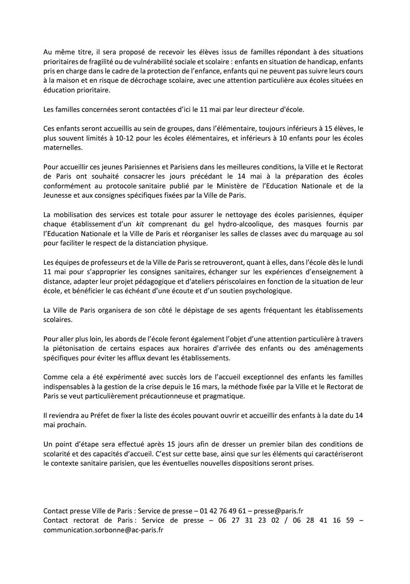 Communiqué de la Maire de Paris et du  Recteur de Paris - Réouverture  progressive  des  écoles  à Paris : pré-rentrée du 11 au 13 mai,  rentrée des élèves à compter du 14 mai ⬇️
ac-paris.fr/portail/jcms/p…