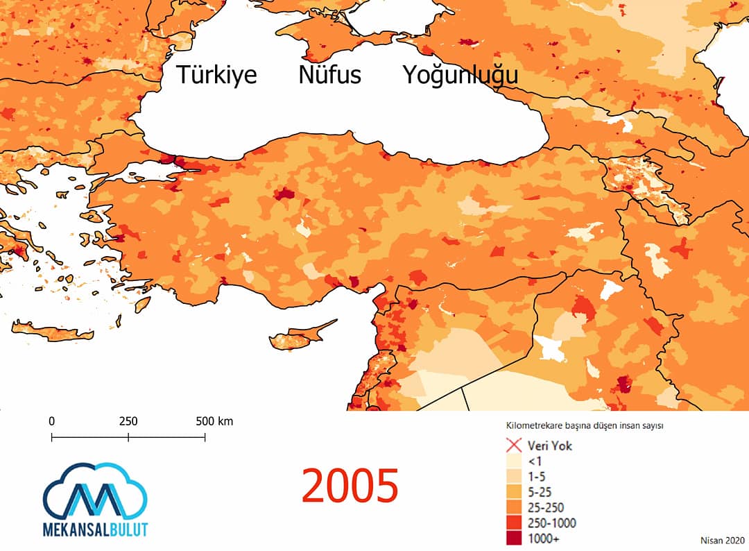 NASA'dan aldığımız 2000, 2005, 2010, 2015 ve 2020 yılları için nüfus yoğunluğu tahminleri, ulusal nüfus sayımları ve  mekansal dağılım ile ilgili nüfus kayıtlarıyla tutarlı haritalar.