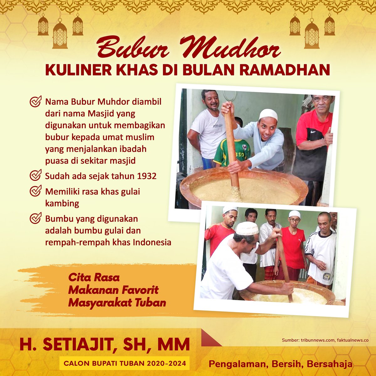 SetiaNegara_TBN's tweet photo. Di Tuban terdapat salah satu menu kuliner unik bernama Bubur Mudhor yang sudah ada sejak tahun 1932. Nama ini diambil karena pembuatan bubur di Masjid Muhdor. Selamat berbuka puasa!
#Setiajit
#Ramadhan https://t.co/zSU8l4lA24