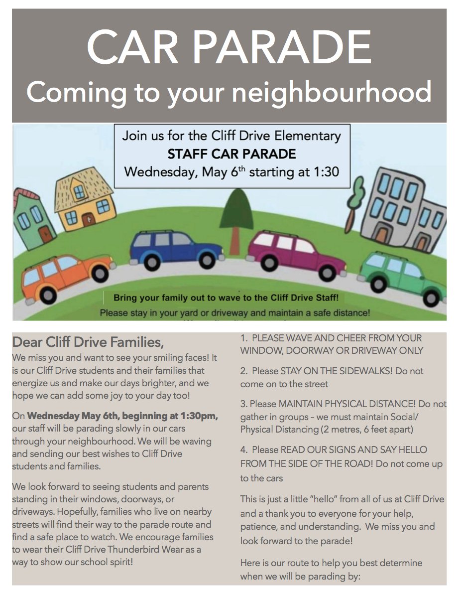 Teeechur's tweet photo. @cliff_drive We can't wait to see you on the route! #Carparade #PhysicalDistance #sd37 https://t.co/BUO90EBewq