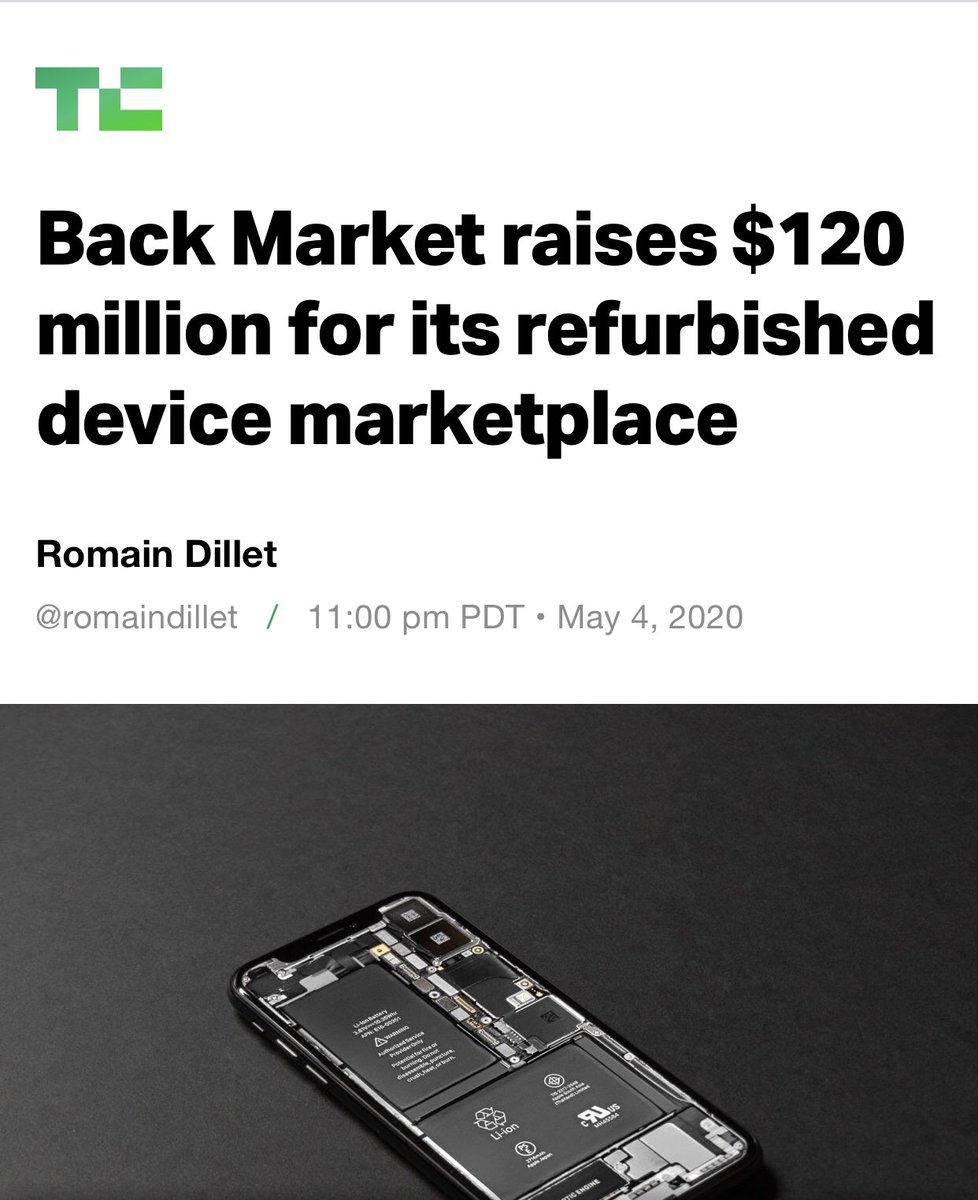 Jean_MOREAU_'s tweet photo. Et tout ça en plein #confinement : well done @backmarket ! 👏🏼
L’#economiecirculaire et la #TechForGood ont de beaux jours devant elles ! 👍🏼♻️
“French #startup #BackMarket has raised a new $120m funding round from @GoldmanSachs, #AglaéVentures &amp; @eurazeo” 
https://t.co/9YNFAKbIyK https://t.co/f6oPlZwa5z
