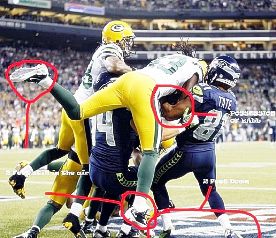 legalmindedpunk's tweet image. Two feet down, both arms on the ball with possession. Clear catch. The rules couldn't be more clear on this. The defender loses full possession of the ball before coming down with both feet. 
Absent refs giving GB lead on bullshit penalties, this doesn't even happen.  #failmary