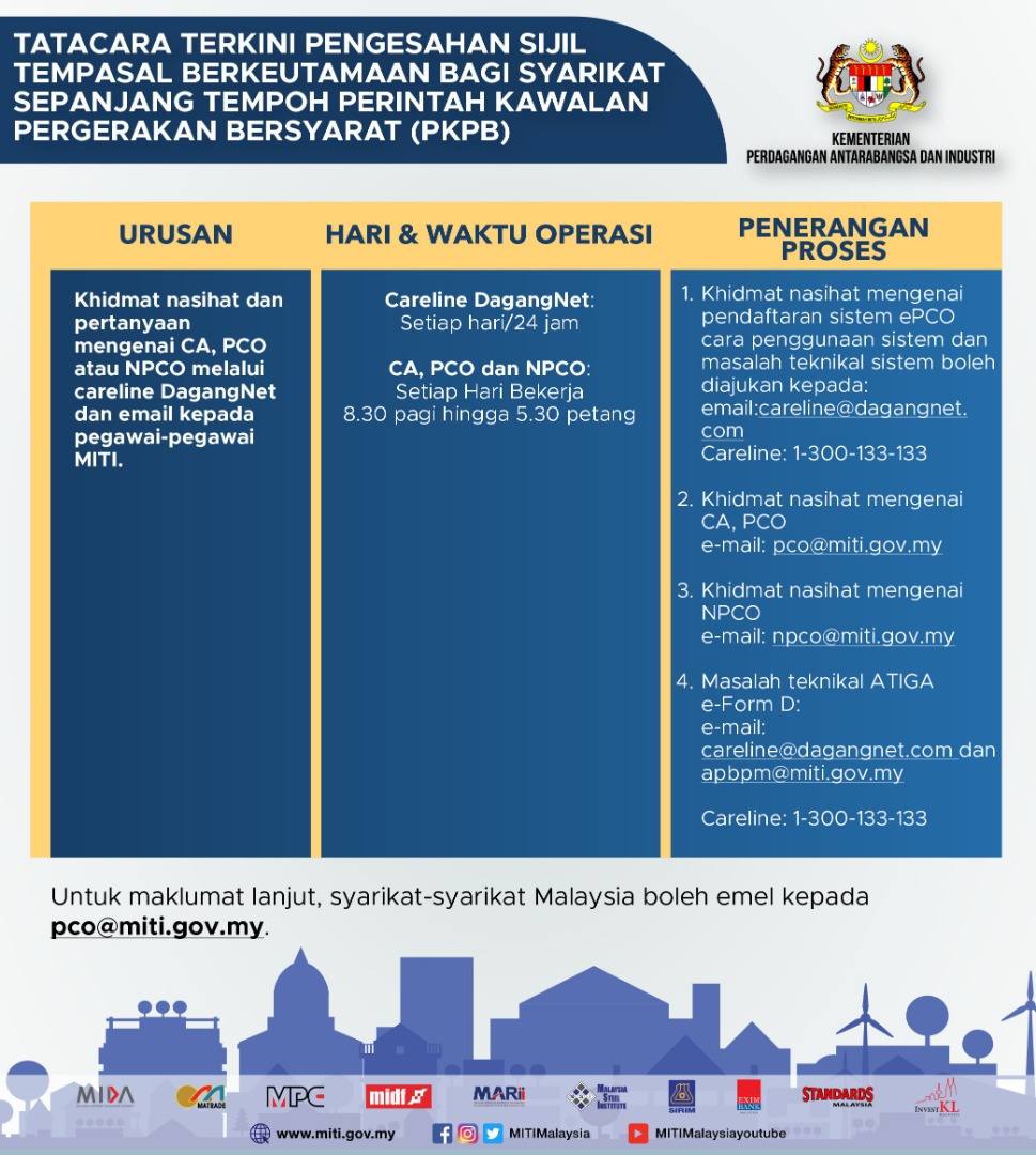 MITIMalaysia's tweet photo. Di sini kami kongsikan cara syarikat anda boleh mendapatkan pengesahan Sijil Tempasal atau Certificate of Origin sepanjang tempoh PKPB.
#MengimbangiEkonomidanKesihatan #ImportEksport 
@AzminAli @limbanhong @lokmanhakim_ali @matrade @OfficialMIDA @InvestKL @MARiiMalaysia https://t.co/k2jPF1EDLN