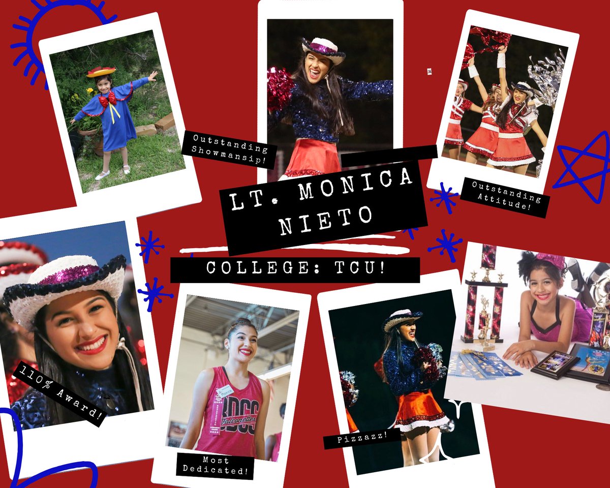 Senior Falconette Spotlight! 
Monica is a 5 year member, 2 year Officer, former Sergeant, All American, and has won numerous awards over the years on the team. Her favorite memory was performing as a Jr Officer for the first time! Monica will be attending TCU next year!!