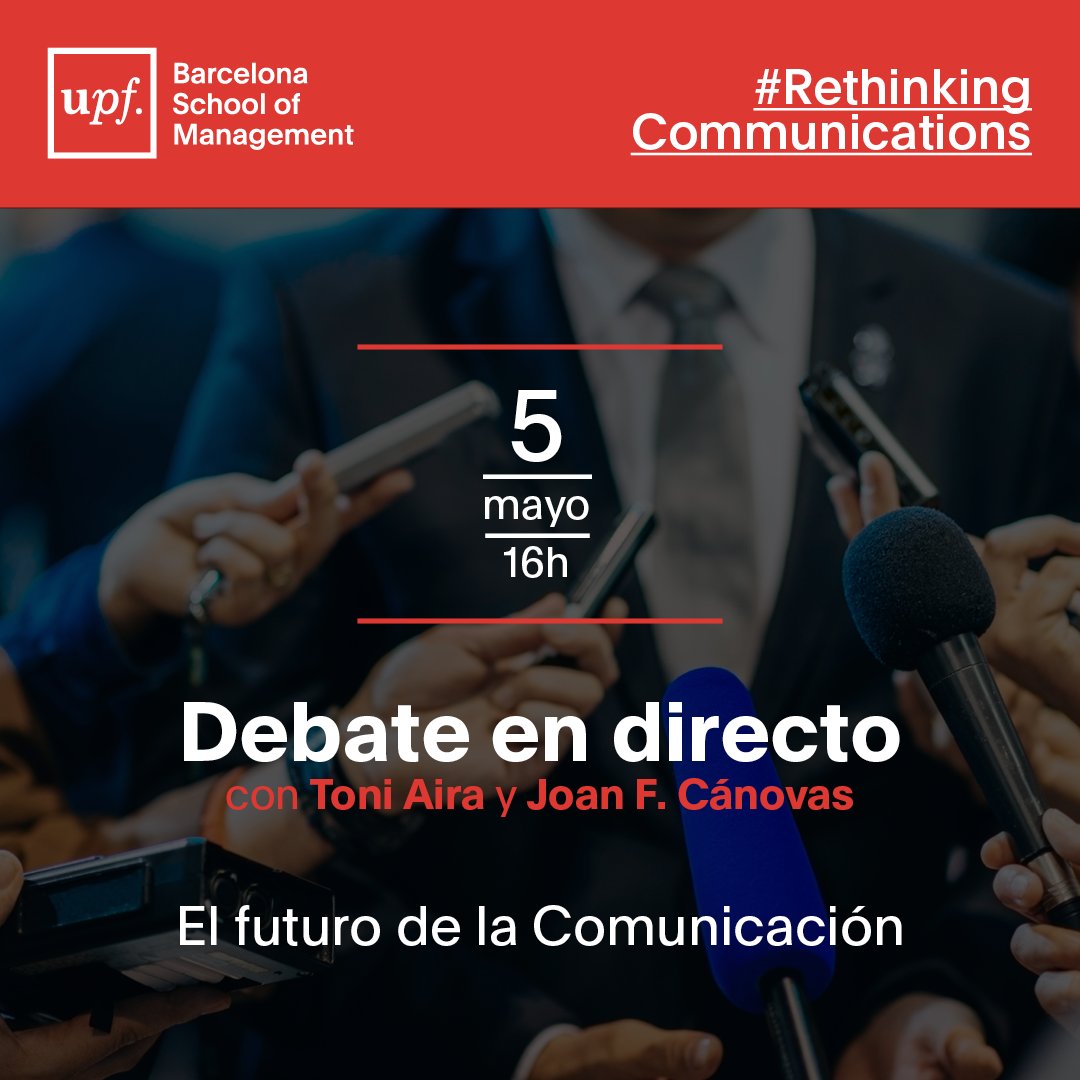 AlumniBSM's tweet photo. Si t'interessa el futur de la Comunicació, aquesta tarda no et perdis el webinar amb @toniaira i @joancanovas @bsm_upf https://t.co/Bur9sSifZb #RethinkingComms https://t.co/G6L5rtthhy