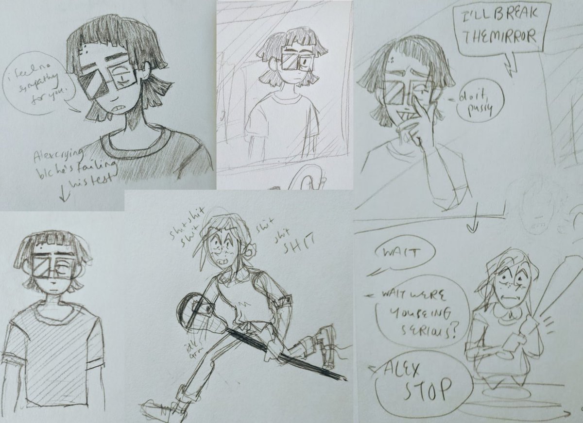 anyway today i spent a lot of doodle time trying to figure out new ocs: a boy who lives in the mirror of a disused high school bathroom and his only friend, a lacrosse player who keeps asking him to help him cheat in the middle of tests.  they rag on each other a lot. 