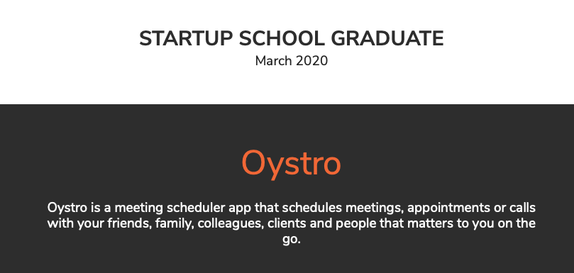 oystro's tweet photo. Completed YCStartupschool 2020 @startupschool The course and group sessions have reenergised us. https://t.co/sxLfXprmsM