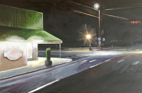 jwesleywillis's tweet photo. Four-way Stop, Ridgefield WA. 12" x 24". (IG made me crop much of it because of its extreme landscape aspect ratio.) #oiloncanvas #artcollector #nightscape #cityscape #edwardhopper #portlandartist #washingtonart #oilpainting https://t.co/B2uOqQMPZu