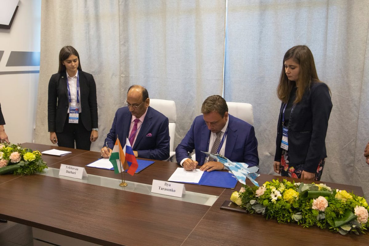 TexmacoL's tweet photo. Mr. Darbari, MD &amp; CEO, Texmaco Defence Systems, signing MoU with Mr. Ilya S Tarasenko, MD, JSC, Russian Aircraft Corporation, MiG https://t.co/g1YIvP3DGl