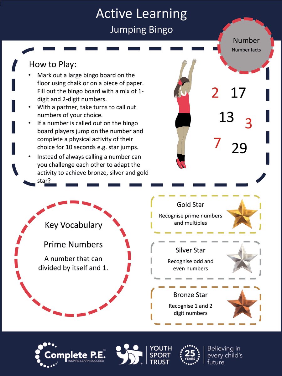 If you want to make your home learning more active today, try our Jumping Bingo activity! Test your number recognition, odd and even numbers and multiples while jumping around a huge bingo board. <a href="/Complete_PE/">Complete P.E.</a> #StayInWorkOut #StayHomeStayActive bit.ly/YSTshsa