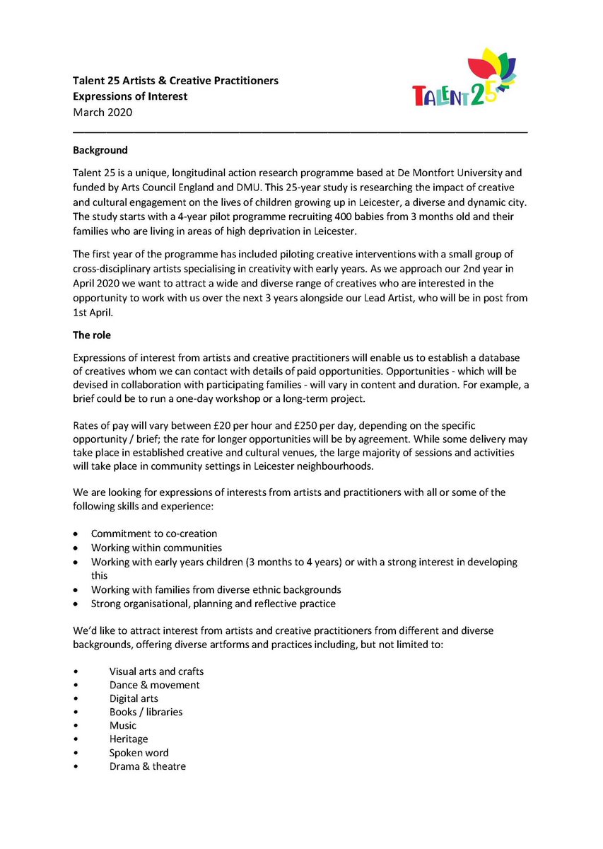 LizClarkDance's tweet photo. Please share the @DMUtalent25 Expression of Interest - they are looking for artists with diverse backgrounds &amp; passions 2 bring 2 #Talent25 over the next 3 years. 
 
If you’re a creative, with a passion 4 the #earlyyears, email creativetalent@dmu.ac.uk 2 get the application form https://t.co/Ei1IVrCpL9