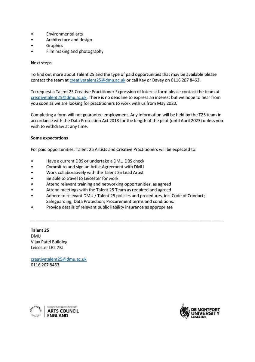 LizClarkDance's tweet photo. Please share the @DMUtalent25 Expression of Interest - they are looking for artists with diverse backgrounds &amp; passions 2 bring 2 #Talent25 over the next 3 years. 
 
If you’re a creative, with a passion 4 the #earlyyears, email creativetalent@dmu.ac.uk 2 get the application form https://t.co/Ei1IVrCpL9