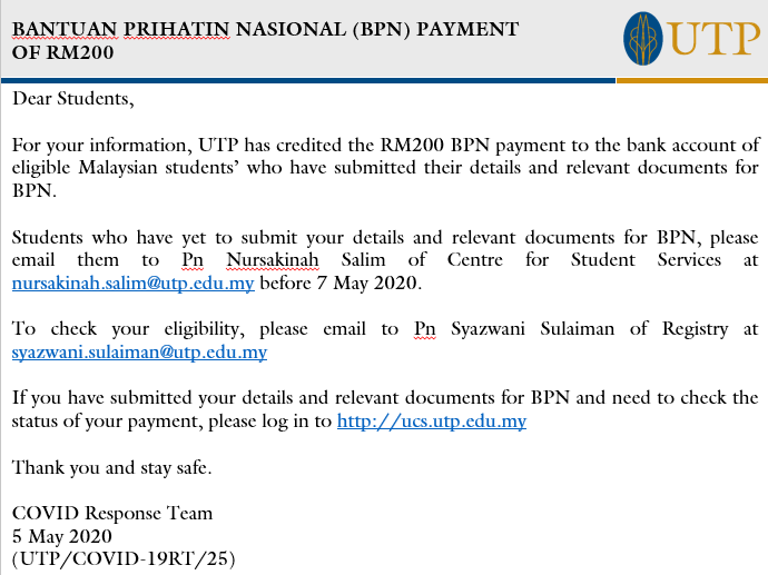 Utp On Twitter Dear Students Please Refer To This Announcement For The Latest Update On The Rm200 Bpn Payment Staysafe Utpinme Https T Co A5mpfzlesh Twitter