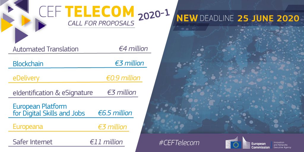 Stella_Vaskoudi's tweet photo. RT DSMeu "RT inea_eu: 🆕 
2020-1 #CEFTelecom call deadline extended to 25 June!

👉 Check out all details of the €31.4 million call for proposals &amp; apply here: https://t.co/eAV02HJerR

#ConnectingEurope #DigitalEU https://t.co/HrauwCedbz"