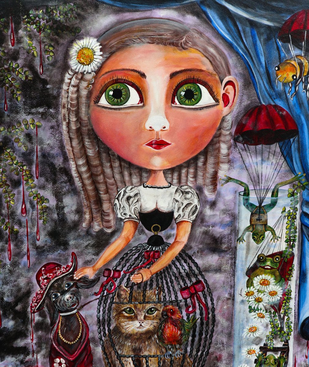 duckylemon's tweet photo. #Margarete #Painting #Surrealism #Cutout #Acrylic #Canvas #Duckylemon #BarbaraJohannaBilleiter #Artist #Painter #Nuremberg #Franconia #Bavaria #Germany #Girl #Dog #Bee #Cat #Cage #Parachute #Frog https://t.co/oFgda9Wqyw