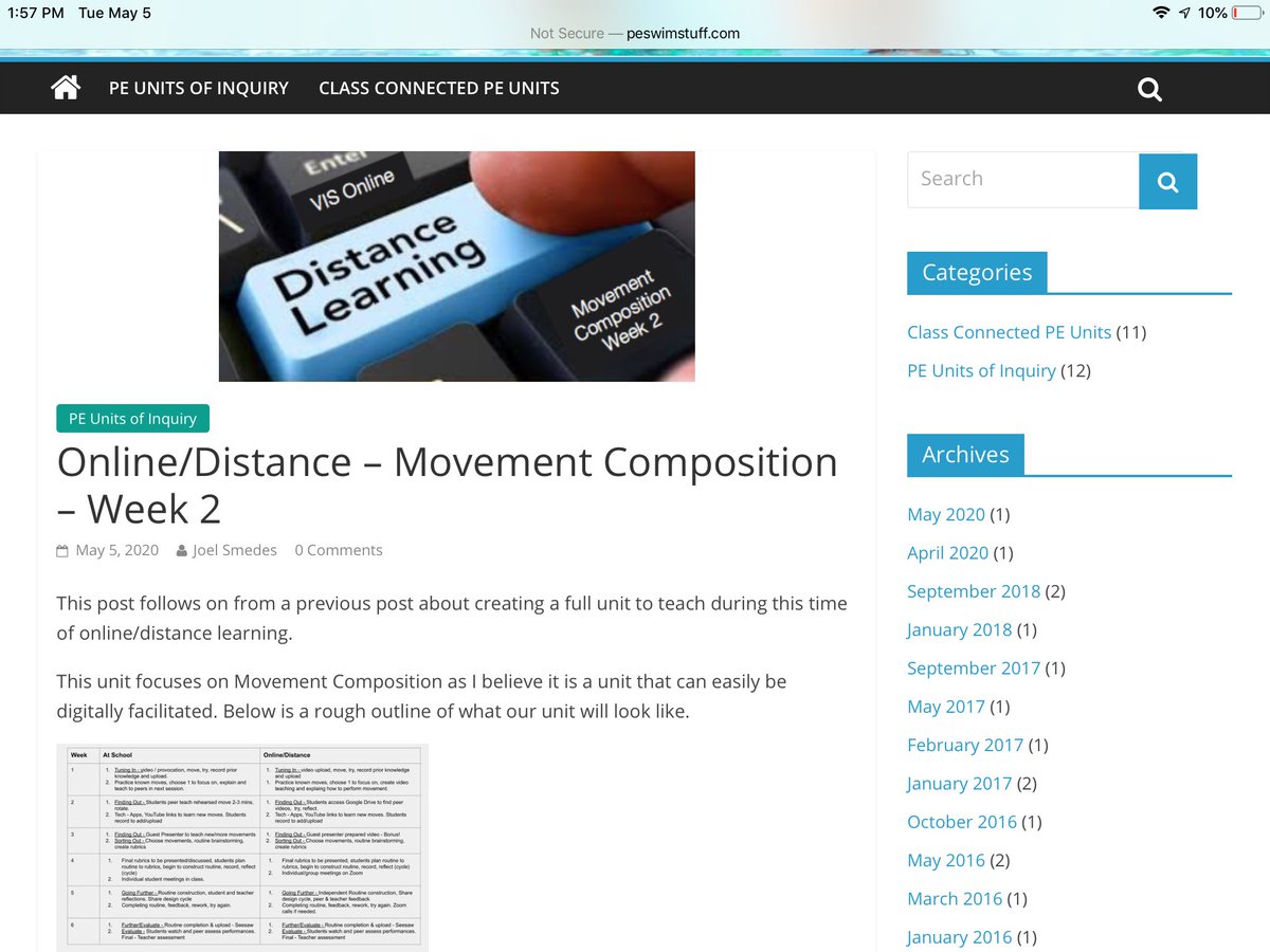 PEswimstuff's tweet photo. Online/distance unit - Movement Composition. Week 2 update with plans, instructions, reflections and videos. If you are looking to run a unit online, this is working! https://t.co/ejGLxZSxF4 #HPEatHome #PhysEd #onlinelearning #pegeeks #vislao https://t.co/NNZdilb2GJ