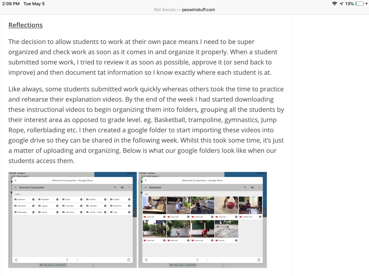 PEswimstuff's tweet photo. Online/distance unit - Movement Composition. Week 2 update with plans, instructions, reflections and videos. If you are looking to run a unit online, this is working! https://t.co/ejGLxZSxF4 #HPEatHome #PhysEd #onlinelearning #pegeeks #vislao https://t.co/NNZdilb2GJ