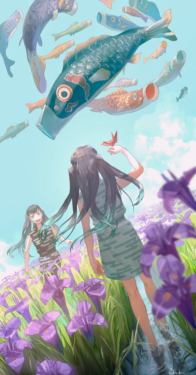 flower purple flower long hair outdoors sky day siblings  illustration images