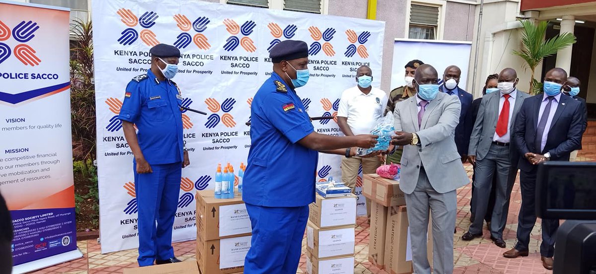 police_sacco's tweet photo. Kenya Police Sacco Chairman Mr David Mategwa handing over the donations of masks, handsanitizers and gloves to the IG National Police Service Hillary Mutyambai. https://t.co/LLjzcu1cZK