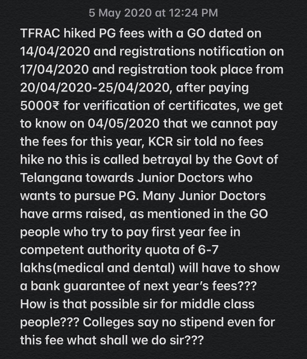 rajesh_eda's tweet photo. Telangana Govt hiked PG medical and dental fees and Colleges do not offer students stipend.
bank guarantee of next year fees with paying this year fees?
 @KTRTRS @Eatala_Rajender  @TelanganaCMO @DrTamilisaiGuv

#armsraised
#MedicalStudent 
#dentalstudent 
#COVIDー19Chile https://t.co/GaSTgKckuZ