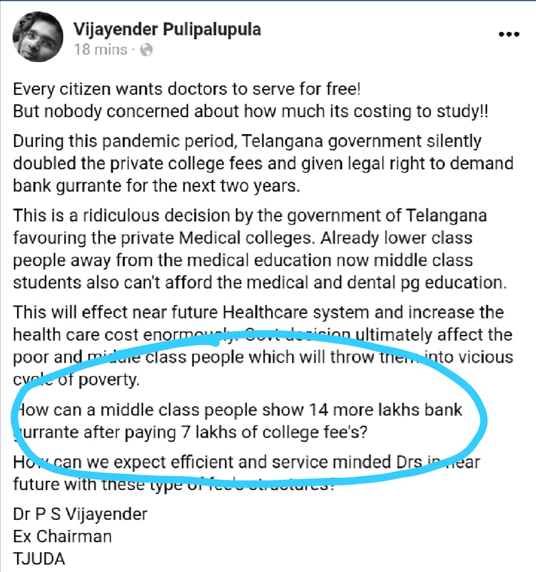 rajesh_eda's tweet photo. Telangana Govt hiked PG medical and dental fees and Colleges do not offer students stipend.
bank guarantee of next year fees with paying this year fees?
 @KTRTRS @Eatala_Rajender  @TelanganaCMO @DrTamilisaiGuv

#armsraised
#MedicalStudent 
#dentalstudent 
#COVIDー19Chile https://t.co/GaSTgKckuZ