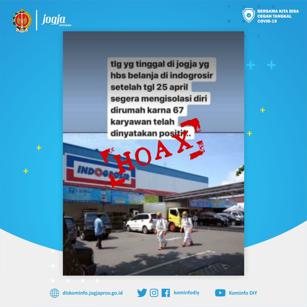 kominfodiy's tweet photo. Menindaklanjuti foto yang beredar luas di media sosial. Dpt diinformasikan bhw pernyataan foto diatas adlh HOAX. 😌

Saat ini Pemkab Sleman &amp; Manajemen toko sdng melakukan proses Rapid Test. Kebijakan yang diambil olh Pemkab Sleman saat ini adlh menutup sementara Toko Indogrosir https://t.co/WnboDwzgff