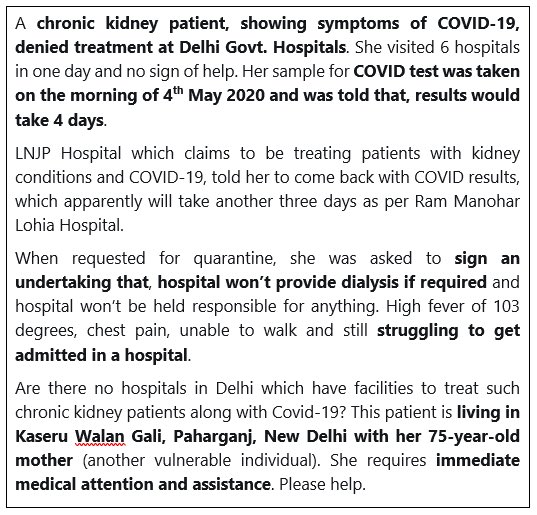 Urgent help needed. <a href="/ArvindKejriwal/">Arvind Kejriwal</a> <a href="/CMODelhi/">CMO Delhi</a> <a href="/SatyendarJain/">Satyendar Jain</a> <a href="/drharshvardhan/">Dr Harsh Vardhan</a> <a href="/DrHVoffice/">DrHarshVardhanOffice</a> <a href="/MoHFW_INDIA/">Ministry of Health</a> #COVID19India #coronavirus #help #ArvindKejriwal #cmodelhi #corona #COVIDー19