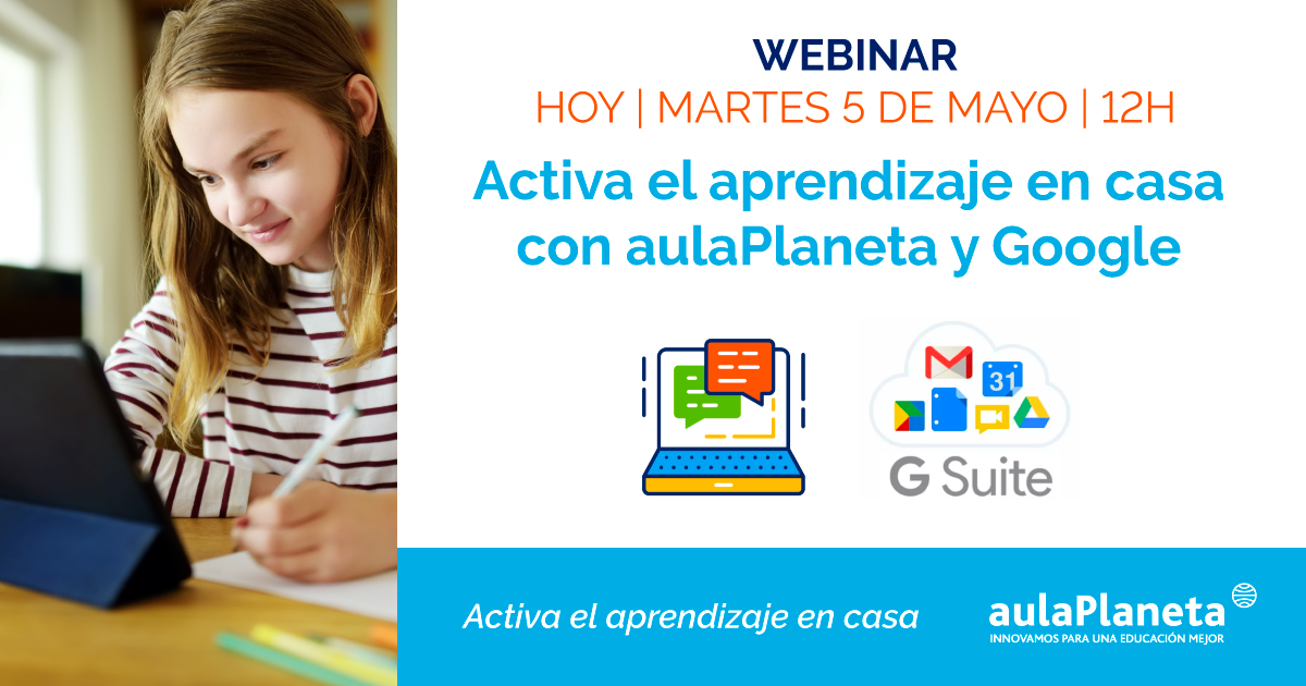 Aprende cómo #ActivarElAprendizaje en casa con #aulaPlaneta y #GSuite. 
📆WEBINAR: Hoy 12h. Conéctate: bit.ly/3dkVVAK

#webinar #tuclasencasa
