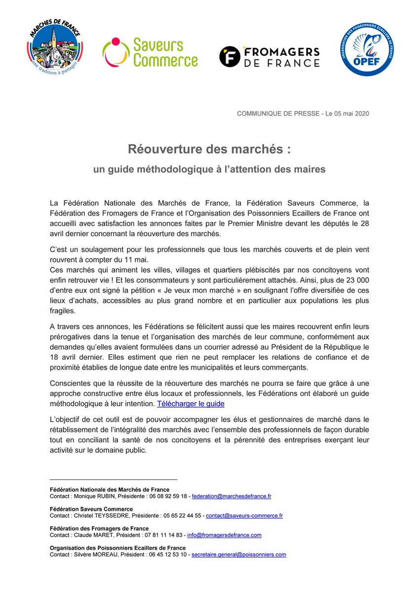 Nous, Fédérations représentant les primeurs, fromagers et poissonniers, proposons un guide méthodologique pour les maires afin de les accompagner dans le rétablissement de tous les marchés avec l'ensemble des professionnels. <a href="/l_amf/">AMF | Association des maires de France</a> <a href="/EmmanuelMacron/">Emmanuel Macron</a> <a href="/BrunoLeMaire/">Bruno Le Maire</a> #jeveuxmonmarché