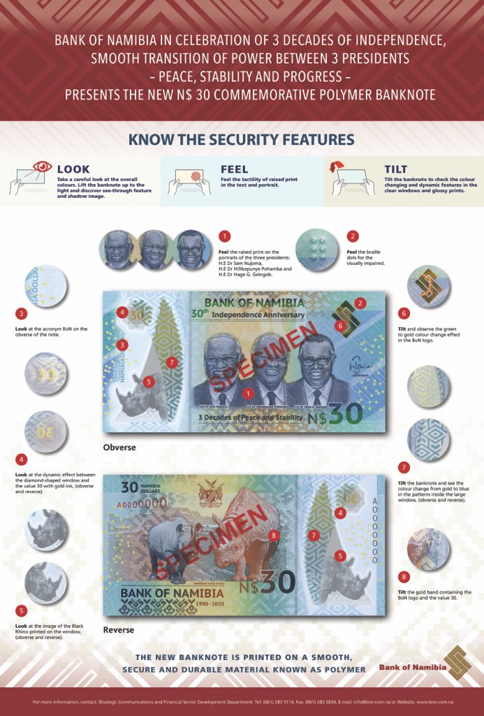 BankofNamibia's tweet photo. Know the security features of the new N$30 #commemorativebanknote.
#BankofNamibia https://t.co/SxN4MFWIHj