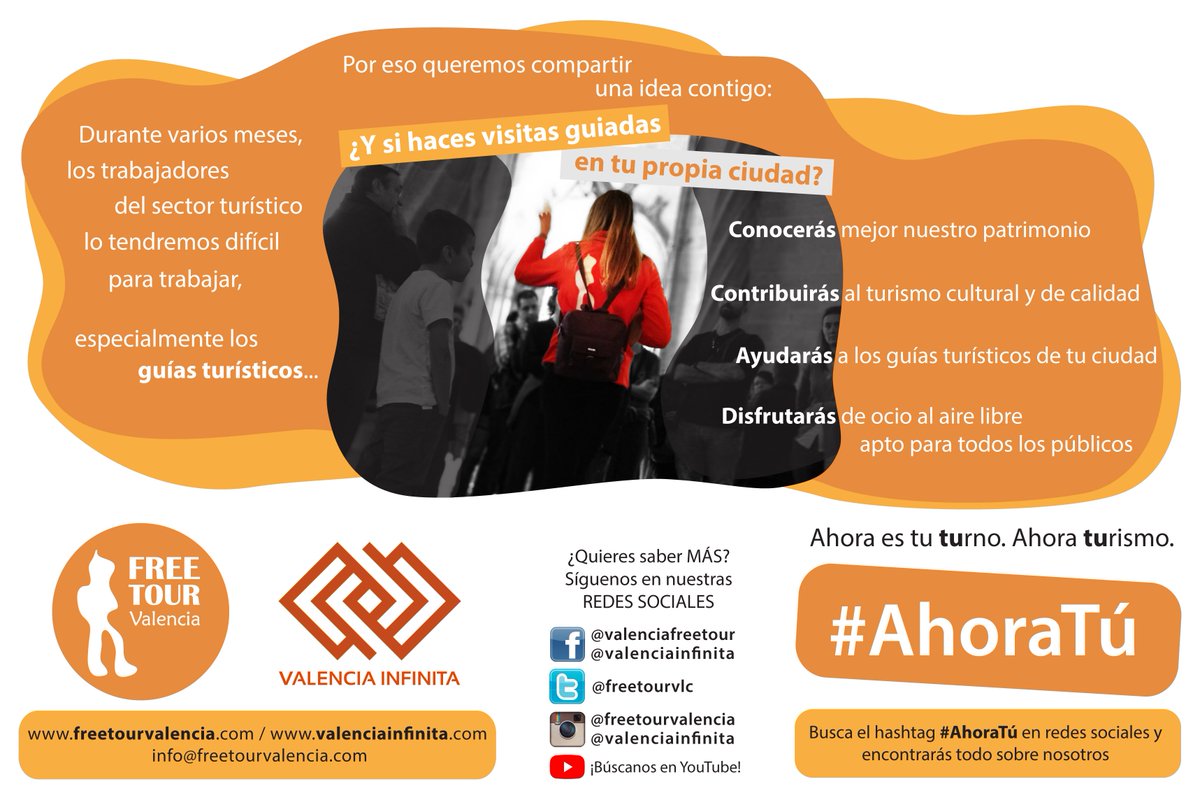 freetourvlc's tweet photo. Presentamos la campaña #AhoraTú con la que queremos compartir con vosotros una idea:

¿Y si haces visitas guiadas en tu propia ciudad?

#AhoraTú #visitasguiadasValencia #GuíasOficialesCV #TurismoValencia https://t.co/aKb0az4aVy