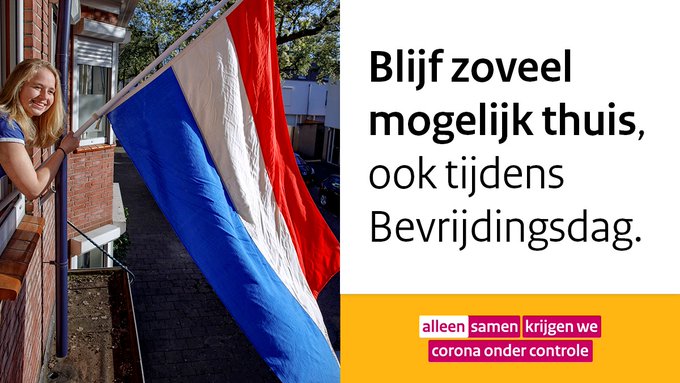 Politie's tweet photo. Dit jaar vieren we 75 jaar vrijheid in Nederland. Helaas niet op de manier zoals we gewend zijn, maar binnenshuis. We wensen iedereen ondanks dat een feestelijke dag. De vlag mag uit! 🇳🇱
#bevrijdingsdag #75jaarvrijheid https://t.co/QnuO5UEEEp