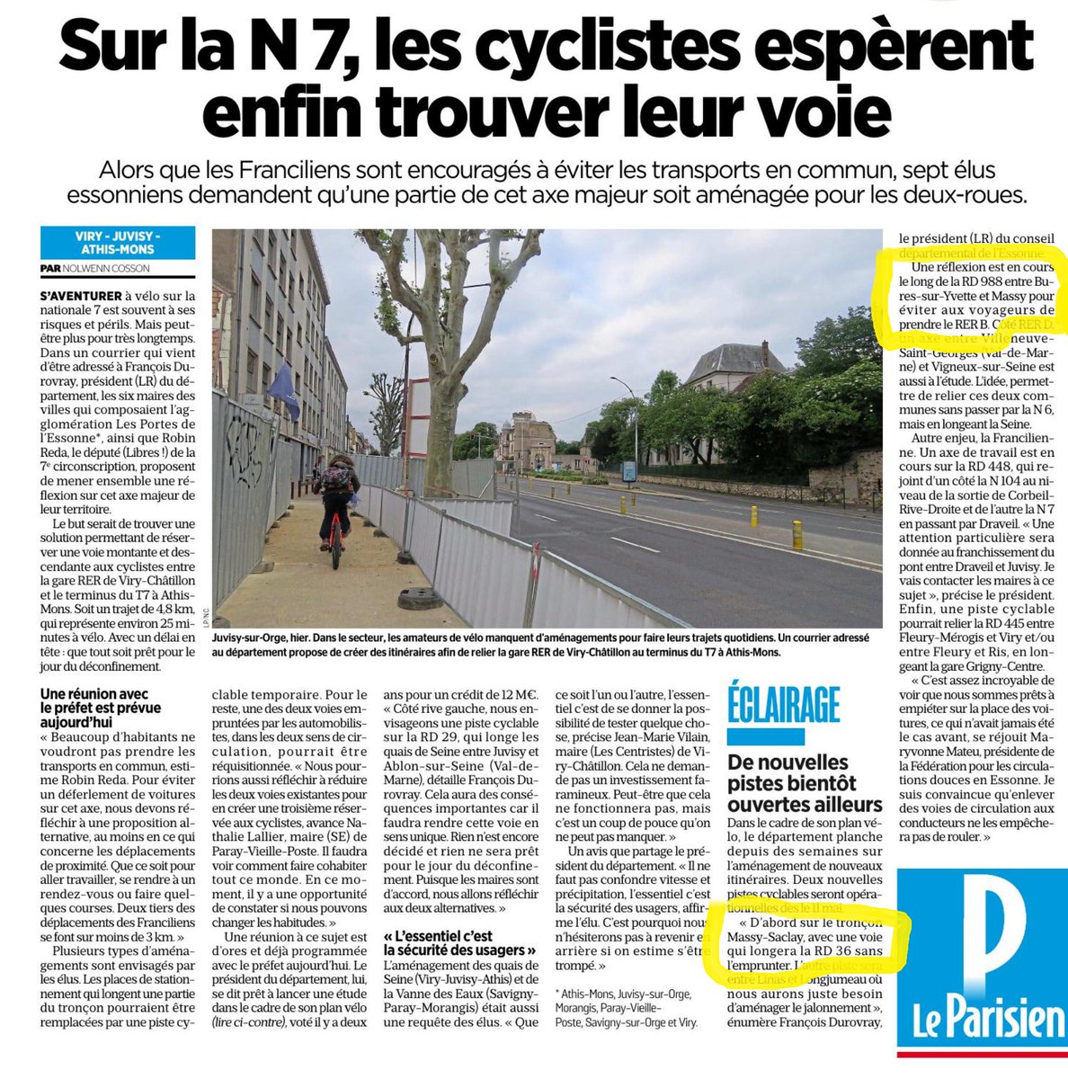 2 nouvelles pistes 🚲 seront opérationnelles dès le 11 mai :
-MASSY-SACLAY avec une voie qui longera la RD 36 sans l’emprunter. 
-LINAS et LONGJUMEAU…….
A venir? le long de la RD 988 de BURES sur YVETTE à MASSY pour éviter aux voyageurs de prendre le RER B.
via <a href="/le_Parisien/">Le Parisien</a>