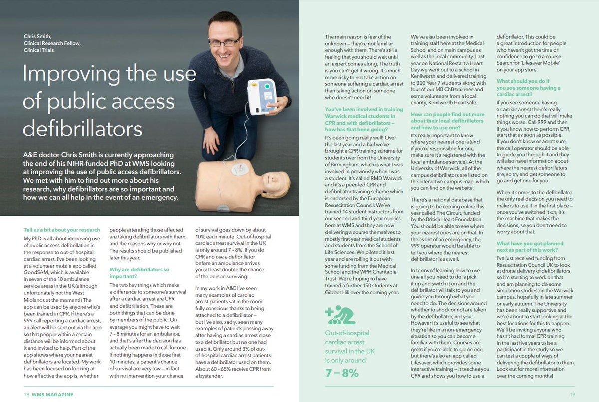 warwickmed's tweet photo. Why are defibrillators so important and how can we help in the event of an emergency? In Ignite magazine we hear from A&amp;E doctor Chris Smith about his PhD looking at improving the use of public access defibrillators. https://t.co/aZp7pN4GSc https://t.co/XioqhV5dgp
