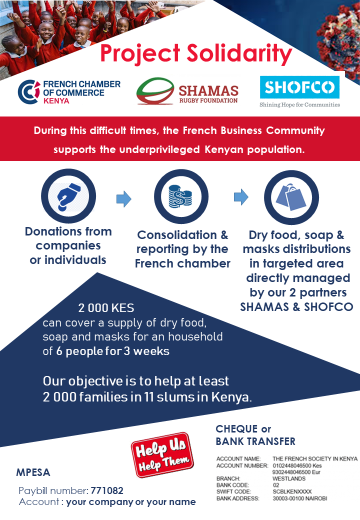 frkenya_chamber's tweet photo. #solidarityproject #covid19
During this difficult time, the French Business Community would like to help by providing dry food and essential goods to underprivileged populations in slums via @hope2shine and @RugbyShamas
Help us by taking part https://t.co/hbVCNtkof5 https://t.co/bu7Orkp7vj