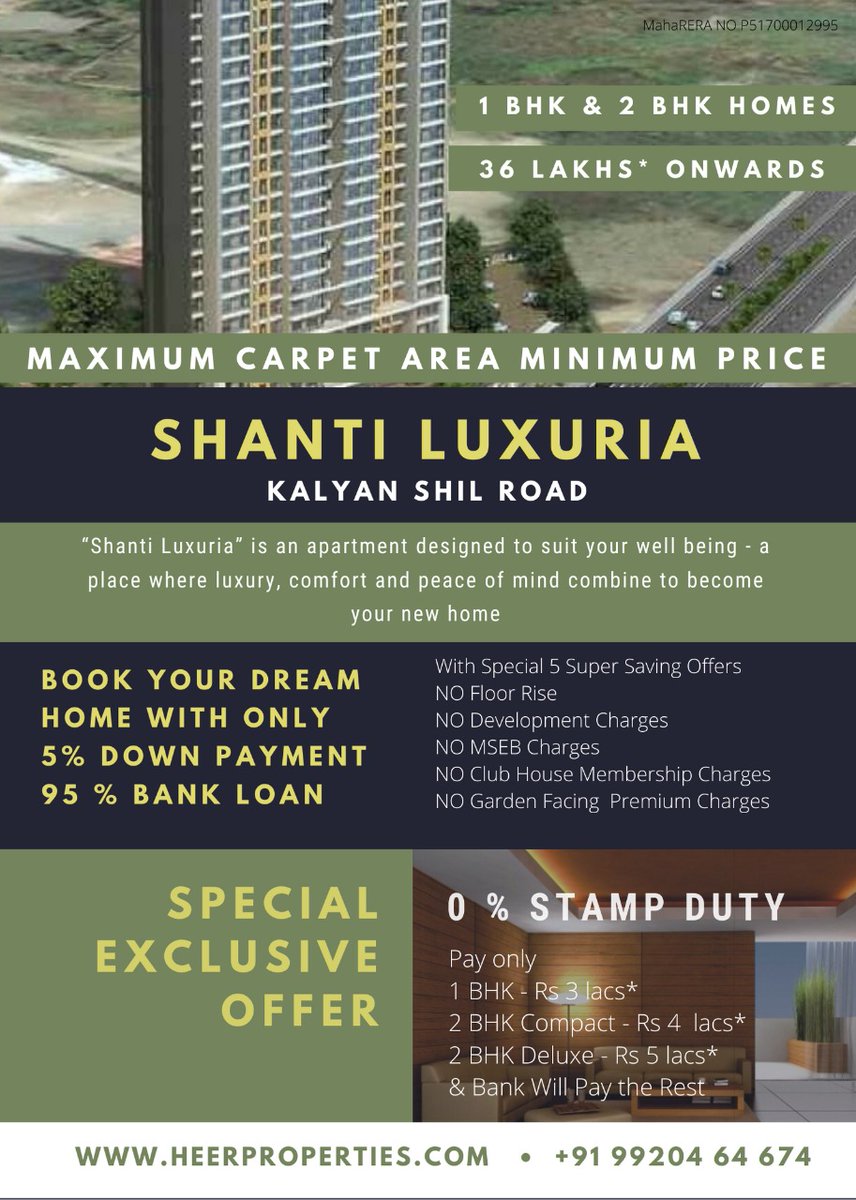 heer_properties's tweet photo. 🏬 Shanti Luxuria Kalyan Shil Road

🏘️ 1 &amp; 2 BHK  Starting At Just 36* Lacs Onwards

🥳 Special Exclusive Offer :  Book Your Dream Home With Only 5% Downpayment | 95% Bank Loan

☎ 9920464674

👉 To Know More Click Here - https://t.co/3up61j7h1E

#heerproperties #ShantiLuxuri https://t.co/nAPGpH2Lak