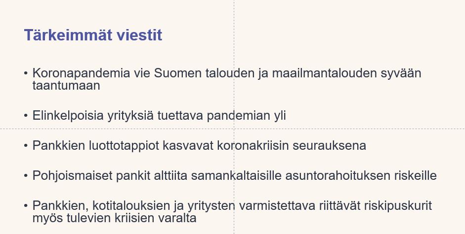 SuomenPankki's tweet photo. Vakausarvion keskeiset viestit viiteen kohtaan tiivistettynä @MarjaNykanen 
#eurojatalous #rahoitusvakaus #korona https://t.co/SE1qj2WZy6